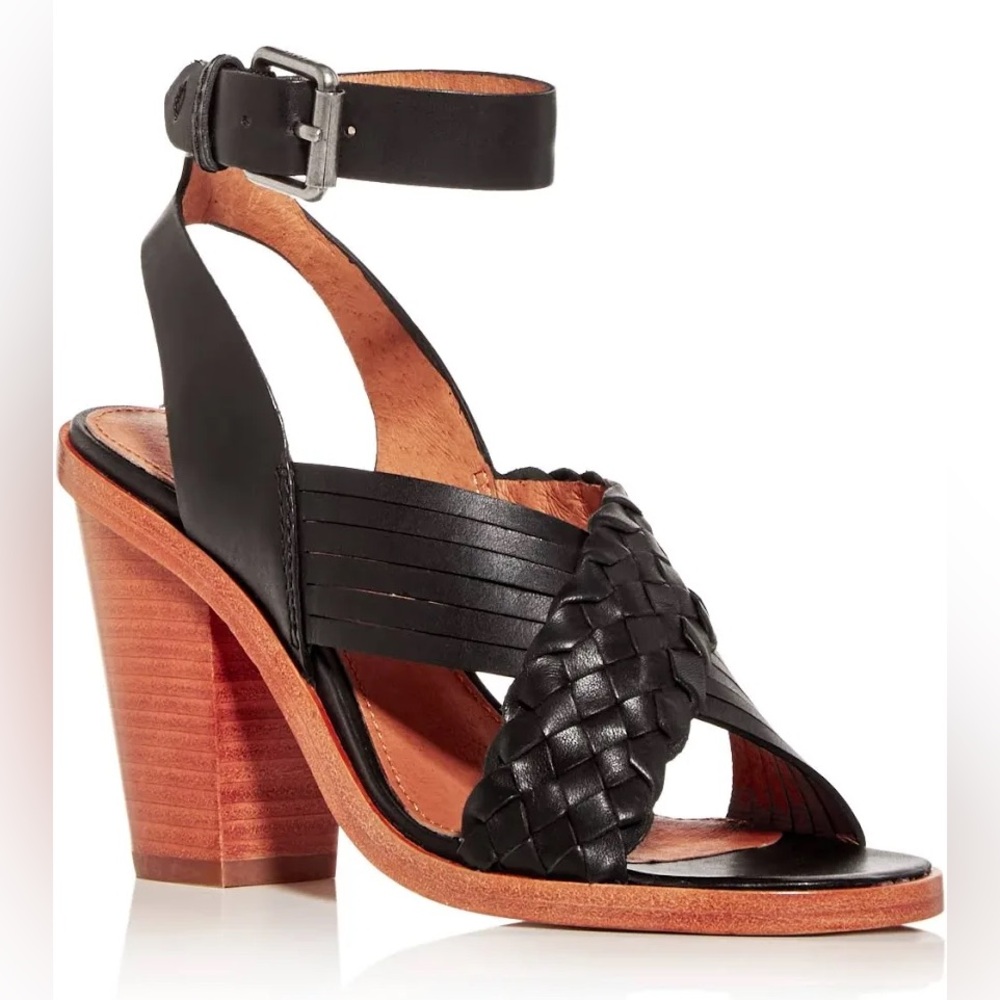Frye NEW Sara Criss Cross Black Leather Strap Sandal Heels size 7.5